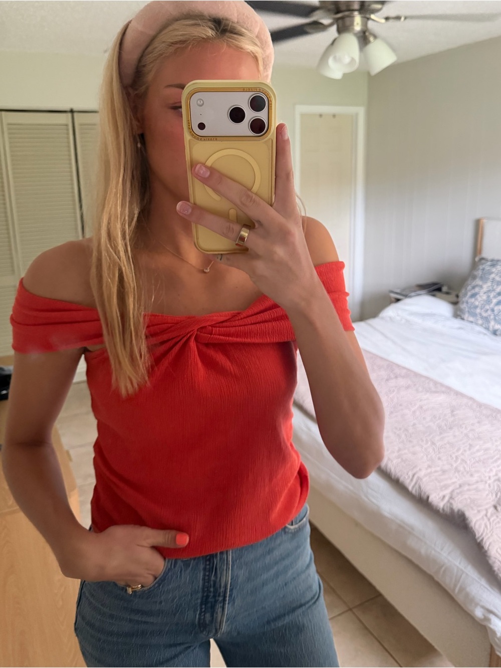 Off-Shoulder Knot Ribbed Top - orange